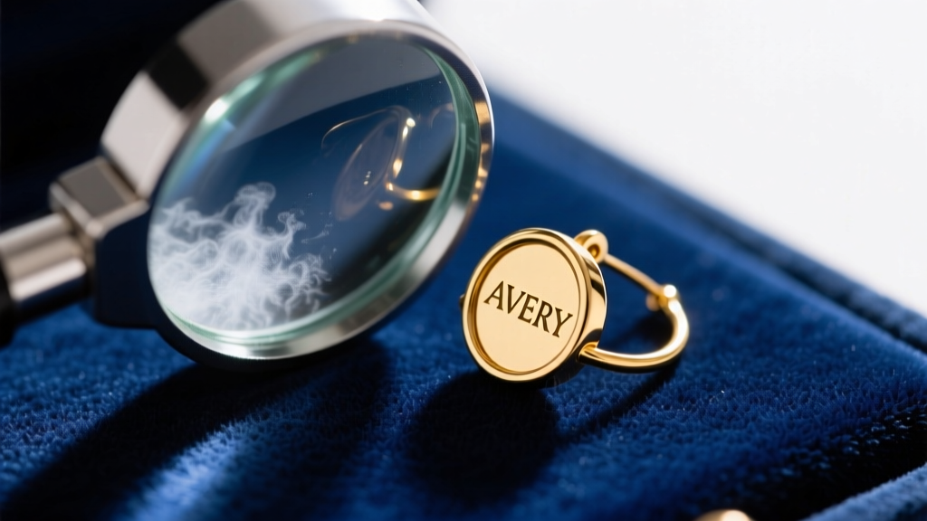 Macro shot of a jewelry loupe inspecting the AVERY stamp inside an 18-gauge gold hoop earring wire resting on dark blue velvet.