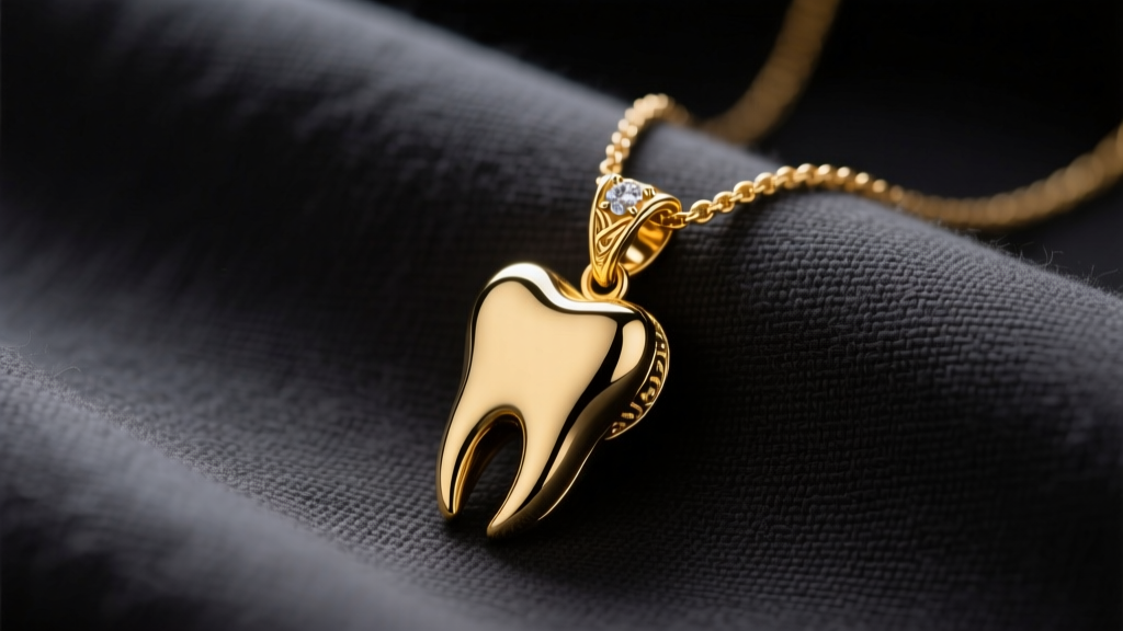 Polished 14k yellow gold tooth pendant necklace resting on dark charcoal linen fabric under warm, soft directional studio lights.