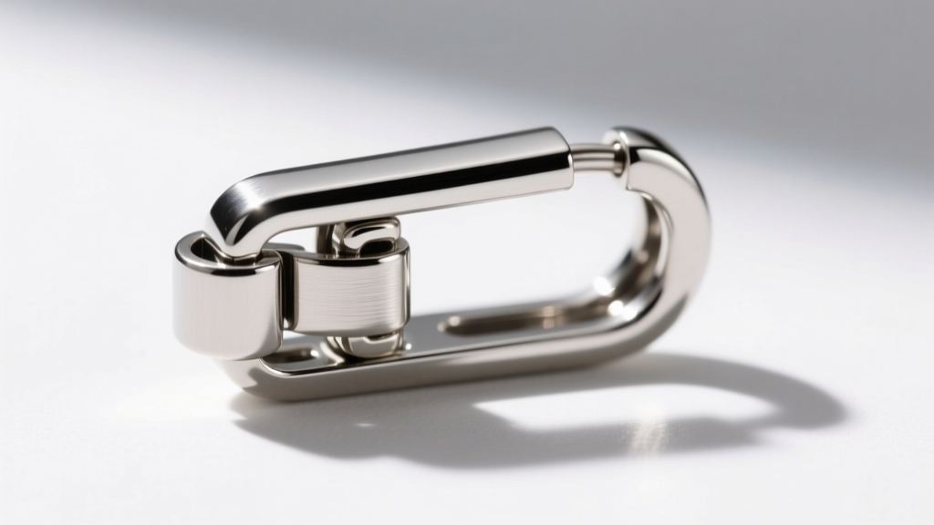 Macro shot of a stainless steel leverback earring clasp, showing the hinged mechanism and secure locking latch in bright lighting