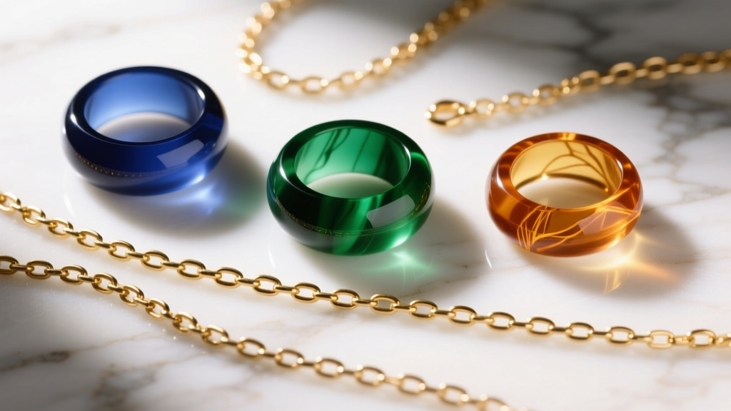 Top-down view of chunky resin rings and gold vermeil chains resting on a white marble surface under soft, warm studio lighting.