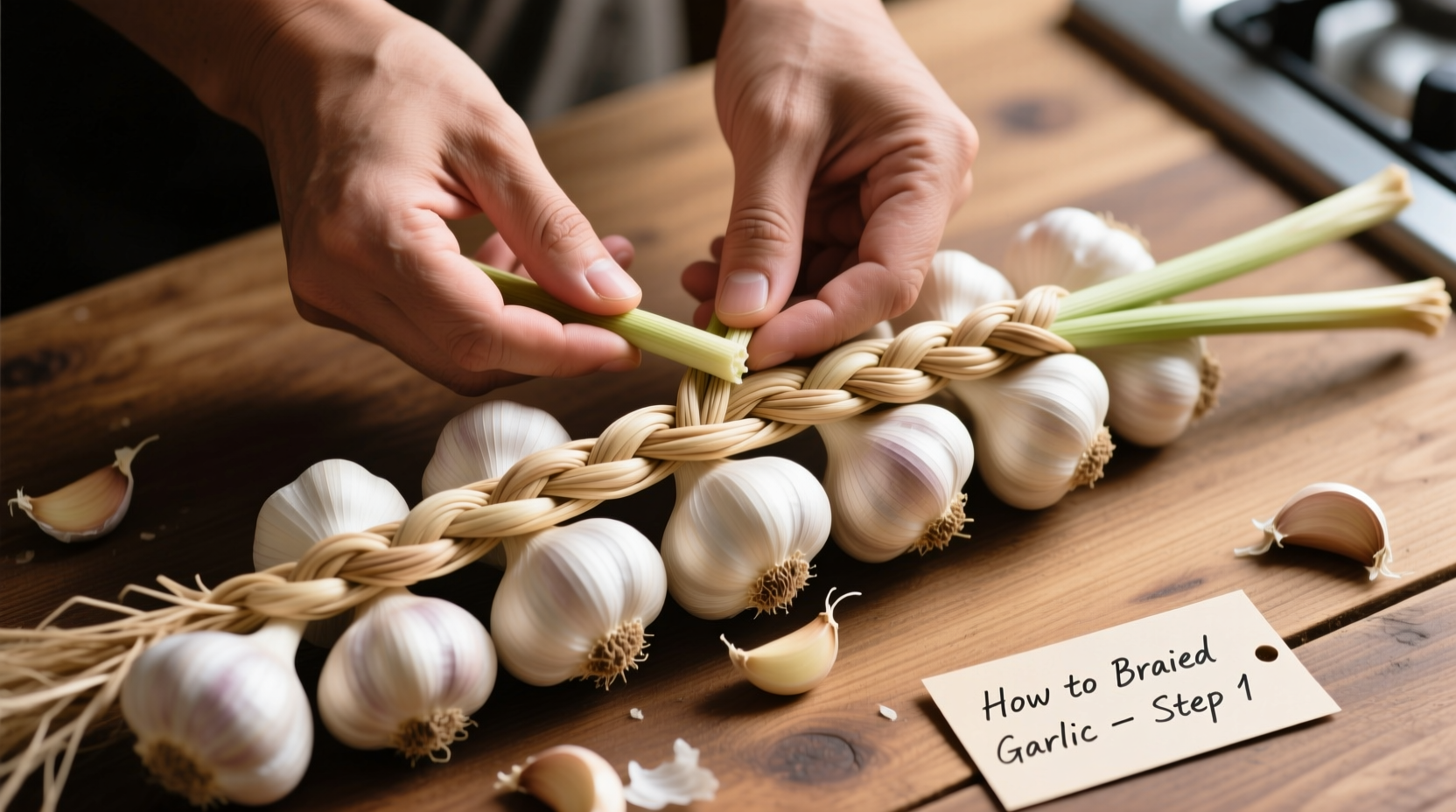 Step-by-step garlic braiding demonstration