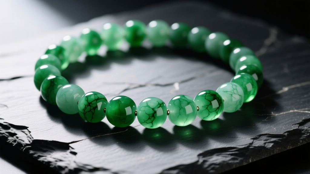 Macro shot of a chunky jade necklace with large, translucent emerald-green jadeite beads resting on a dark textured slate.