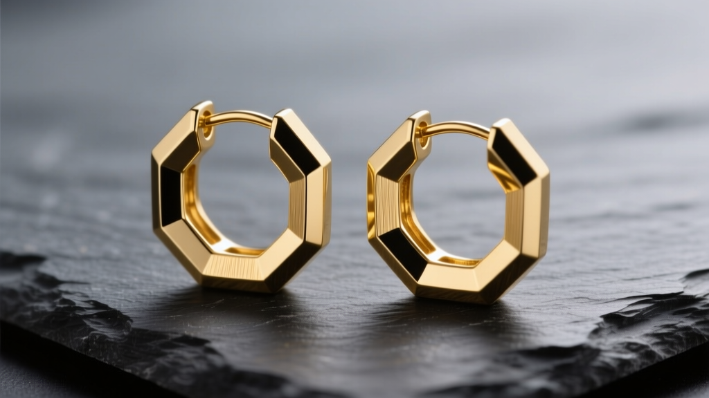 18k yellow gold octagon hoop earrings on dark slate, highlighting sharp geometric edges under soft studio lighting.