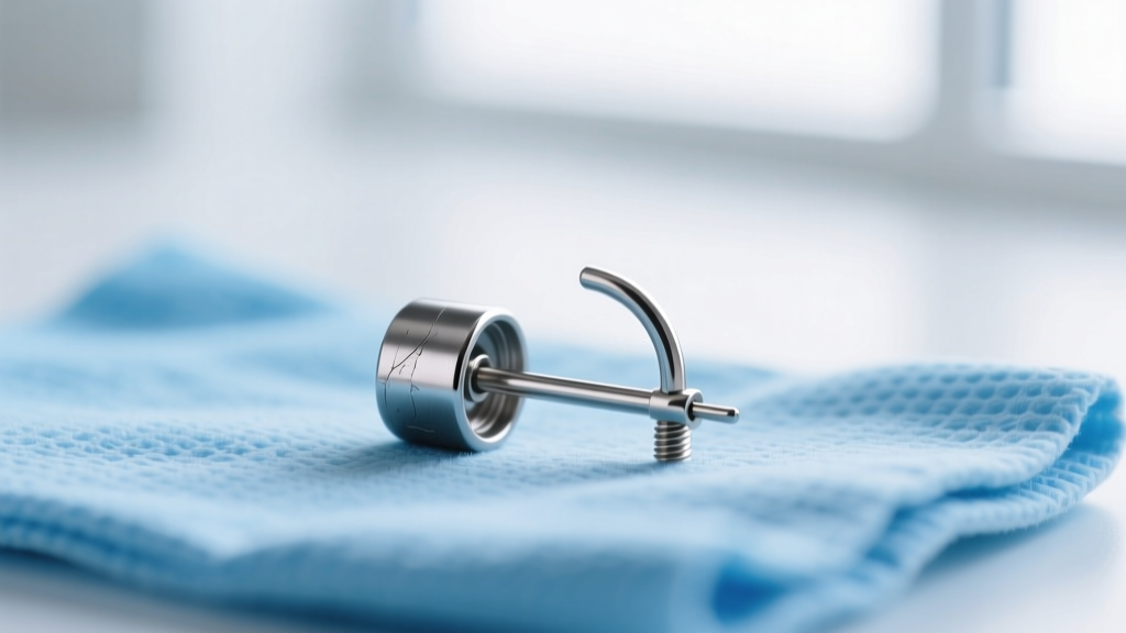 Close-up of 14-gauge implant-grade titanium threadless earring post and bent push-pin end separated on a sterile blue towel.