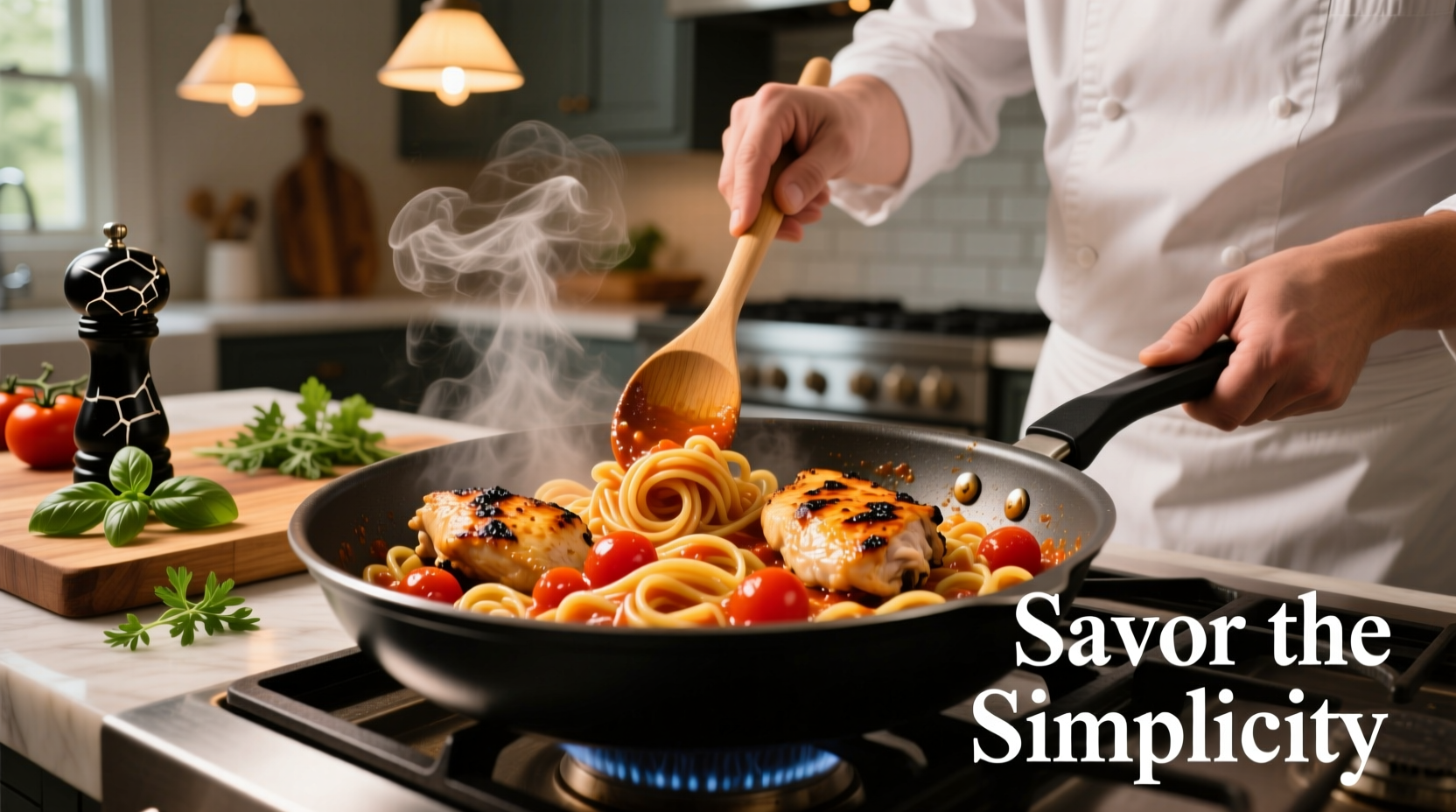 Chef preparing chicken tomato pasta in skillet