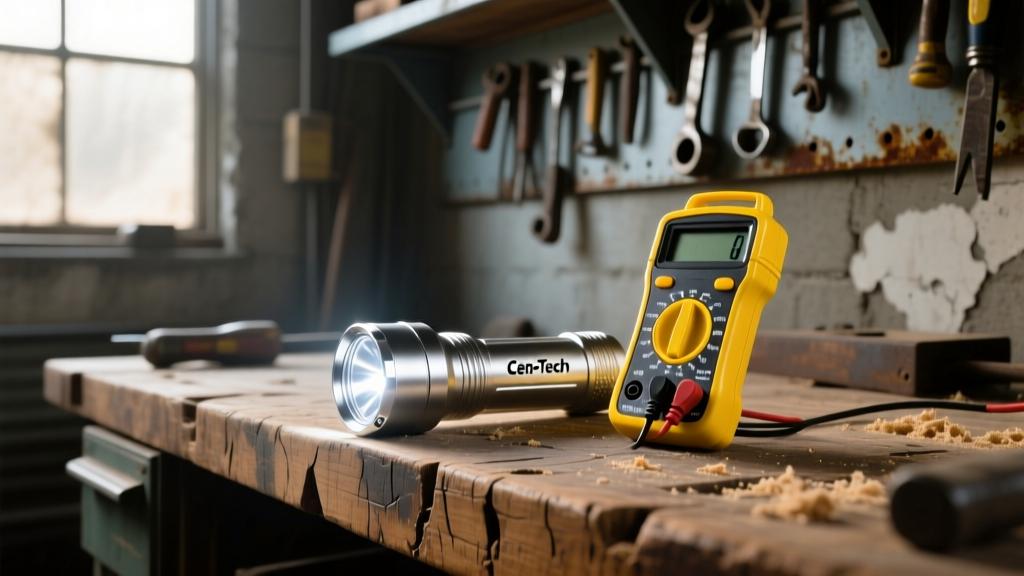 Anodized aluminum Cen-Tech LED flashlight and yellow digital multimeter resting on a scarred wooden workbench in a dimly lit garage