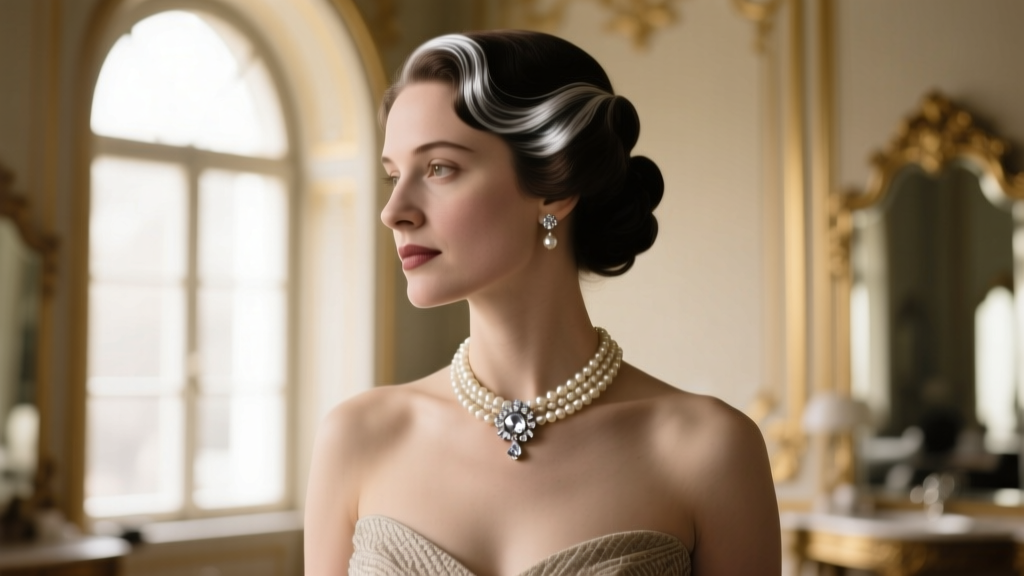 Monochrome photo of a 1900s Viennese socialite wearing a pearl collar and diamond brooch against a soft, blurred background.