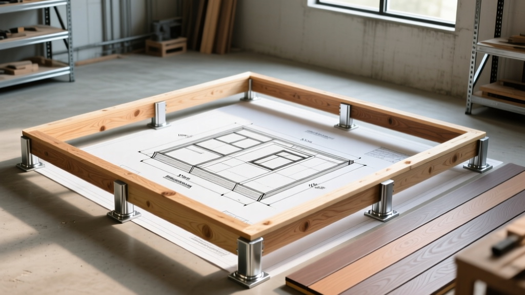 Architectural blueprint of a 12x16 deck framing layout showing pressure-treated joists, galvanized post bases, and composite boards