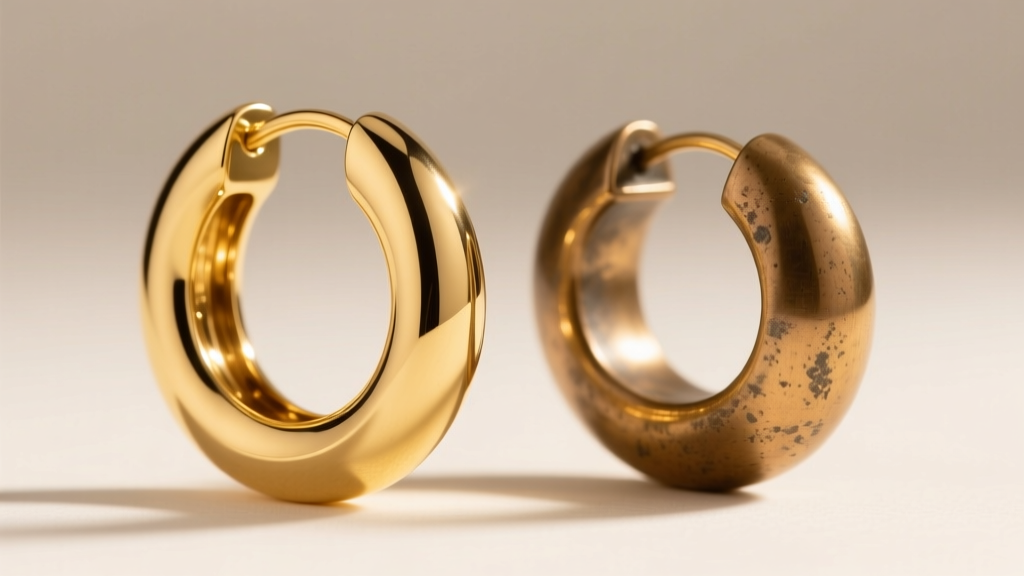 Solid 14k gold Mexican hoop earring next to a brass alternative, showing color depth differences under warm studio lighting.