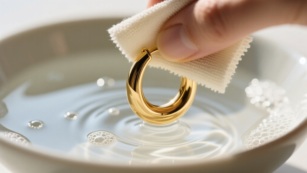 Microfiber cloth wiping a gold-plated brass huggie earring, with a bowl of soapy distilled water blurred in the background.