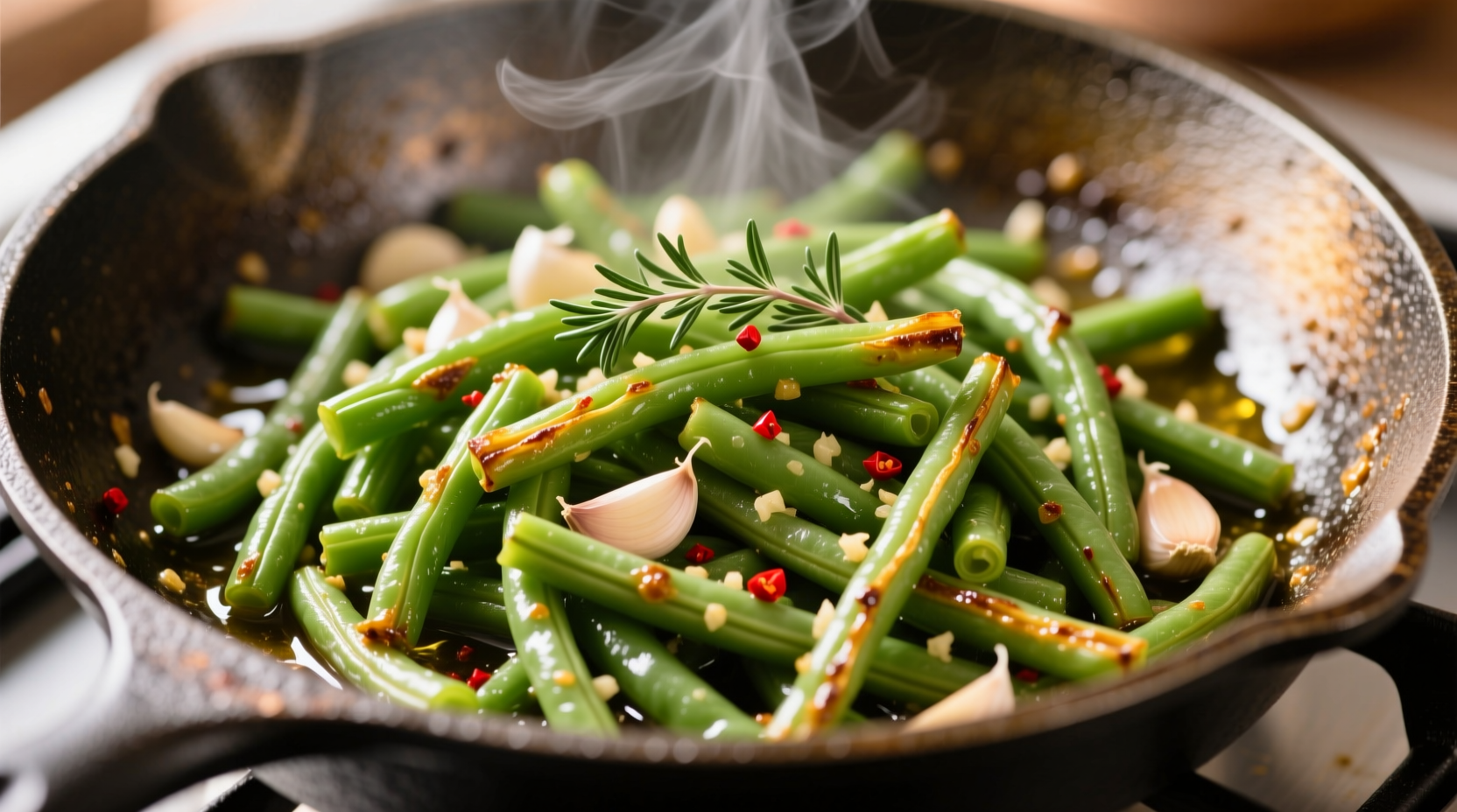 Sautéed green beans with garlic in skillet