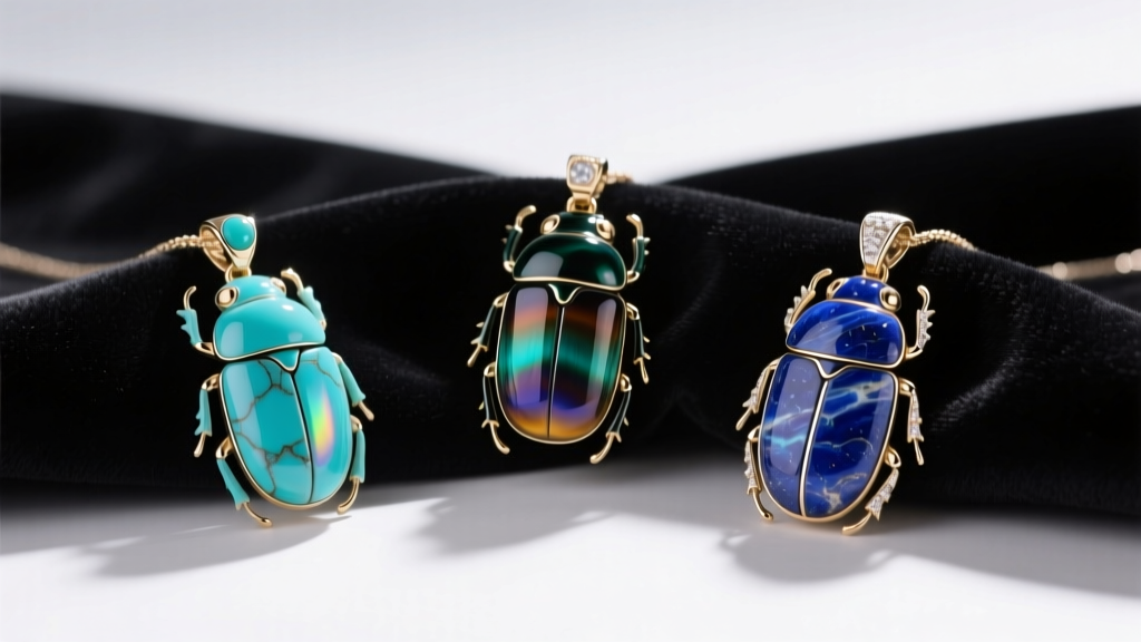 Three scarab pendants showing turquoise faience, dyed agate, and natural lapis lazuli under bright studio lighting on dark velvet