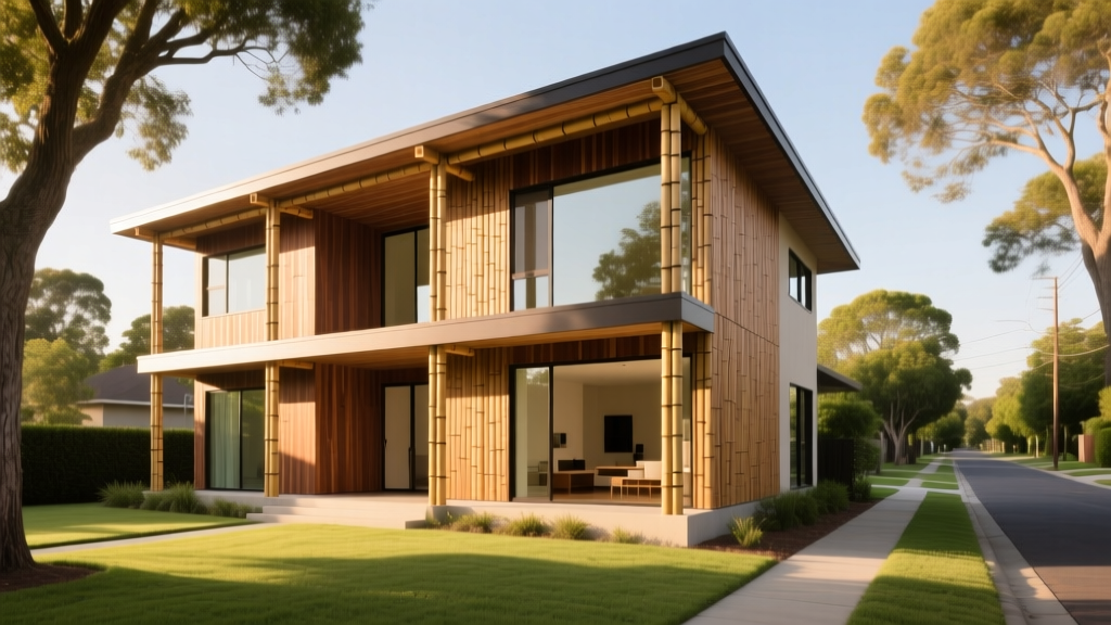 Modern two-story house frame constructed from laminated bamboo lumber beams and cross-laminated bamboo wall panels on a sunny suburban lot.