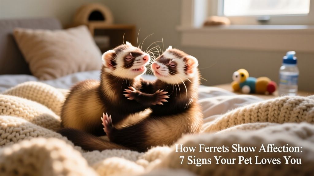 Two ferrets playfully tumbling together in a cozy bedding setup