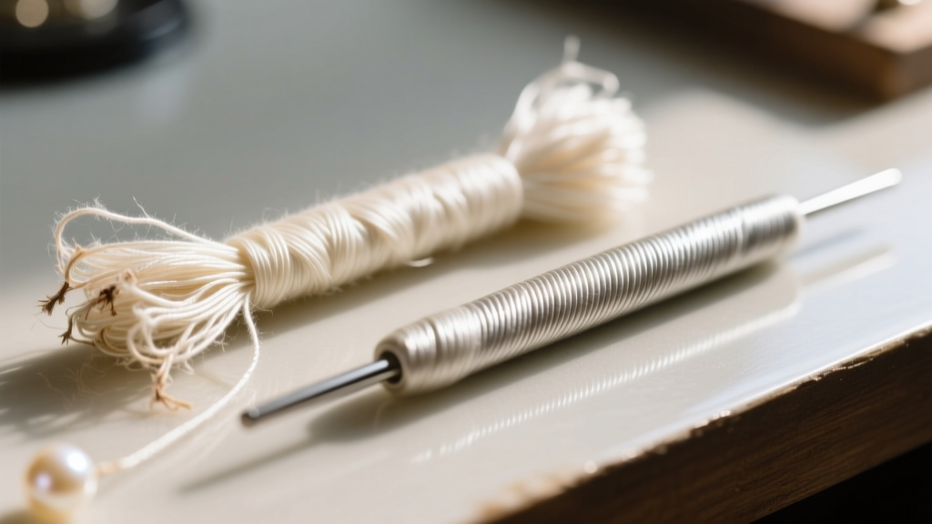 Macro view comparing frayed silk pearl thread to intact synthetic PowerPro thread, brightly lit on a jeweler's dark workbench mat.