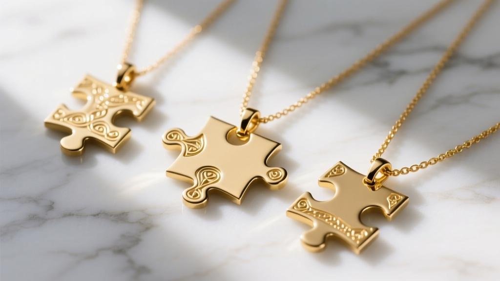 Three distinct gold puzzle piece necklaces laid flat on a white marble surface, soft morning light highlighting the engraved edges.