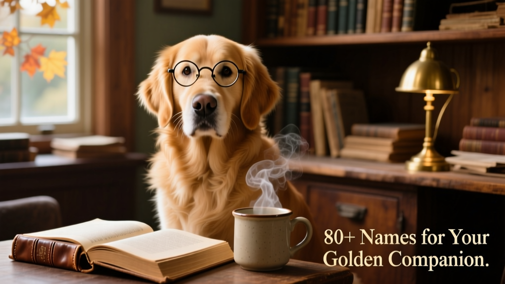 A golden retriever wearing tiny round glasses, sitting beside a leather-bound book and steaming mug