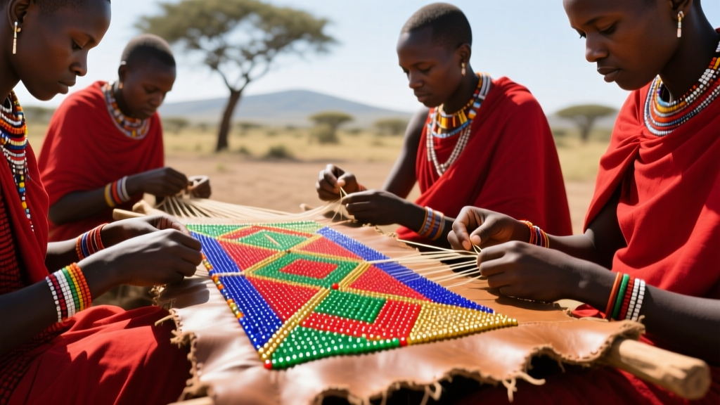 Maasai artisans in red garments weaving colorful glass seed beads onto thick leather backing material outdoors in bright daylight.
