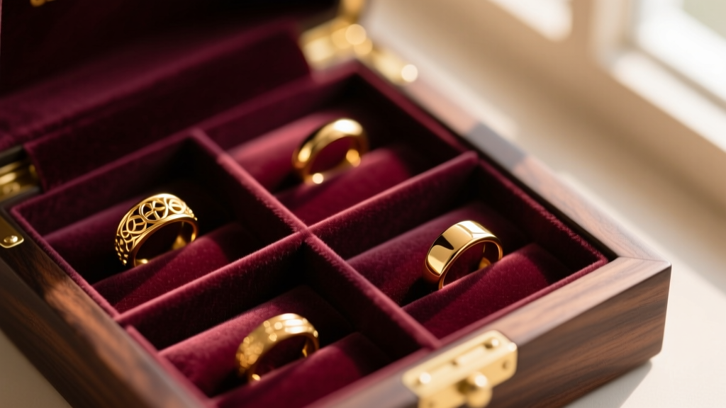 Top-down view of jewelry box with velvet compartments holding solid gold rings, soft diffused lighting, detailed macro shot.