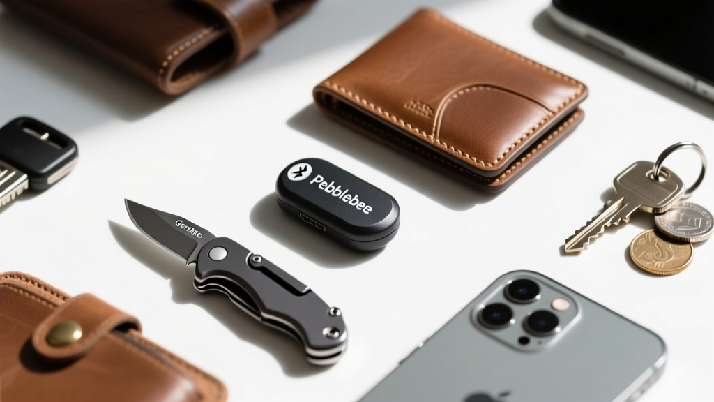 Overhead flatlay of an everyday carry pocket dump showing the Pebblebee tracker, Gerber Dime, and a leather wallet.