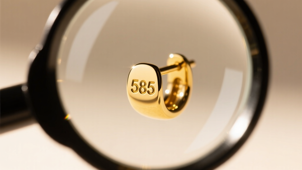 Extreme close-up of a loupe inspecting the tiny 585 hallmark stamped on the post of a 14k yellow gold cartilage earring.