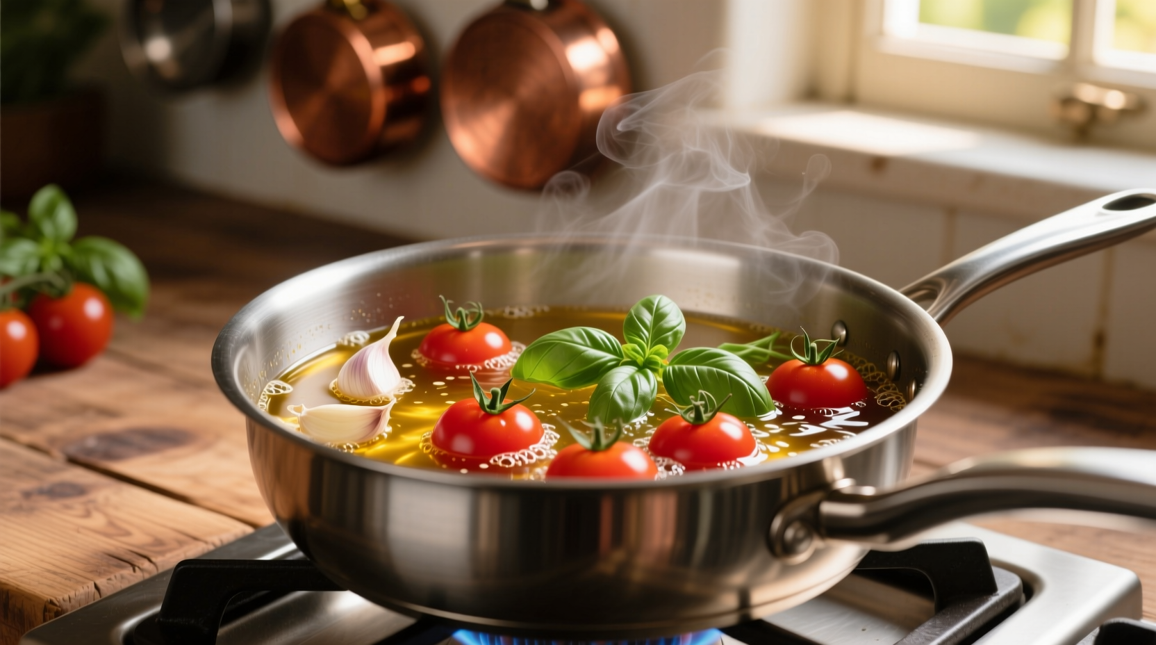 Cherry tomatoes simmering in a pot with garlic and basil