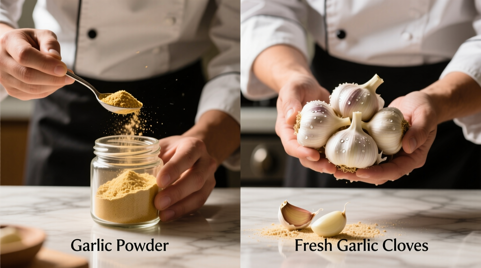 Chef measuring garlic powder versus fresh garlic cloves