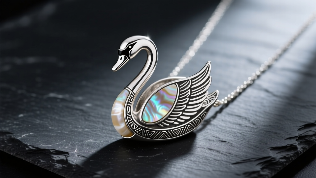 Handcrafted sterling silver and dentalium shell swan pendant necklace on dark slate, soft lighting highlighting intricate Native metalwork.