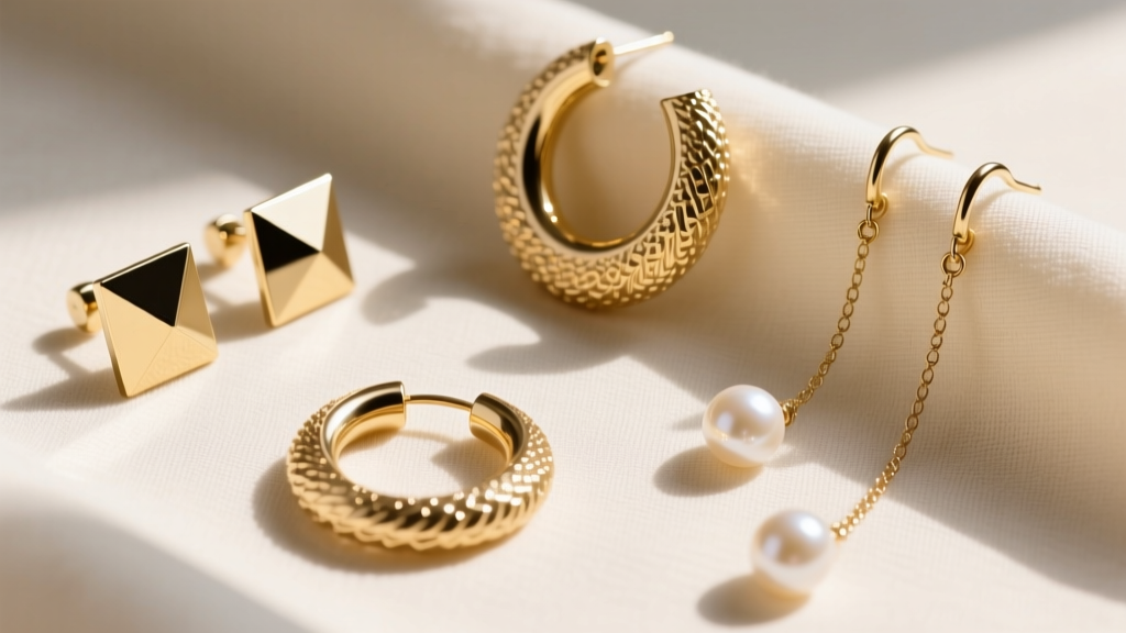 Flat lay of vermeil earring styles including geometric studs, textured hoops, and pearl dangles arranged on a cream linen cloth.