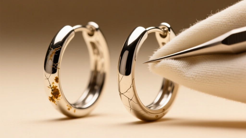 Macro shot of tarnished 925 sterling silver hoops being polished with a specialized silver cloth under bright warm studio lighting.