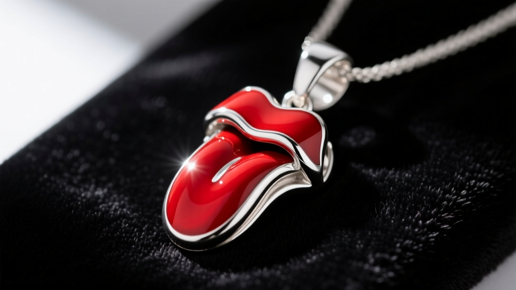 Macro photography of a cast Argentium silver tongue pendant with vibrant red cold enamel detailing, resting on black velvet fabric.