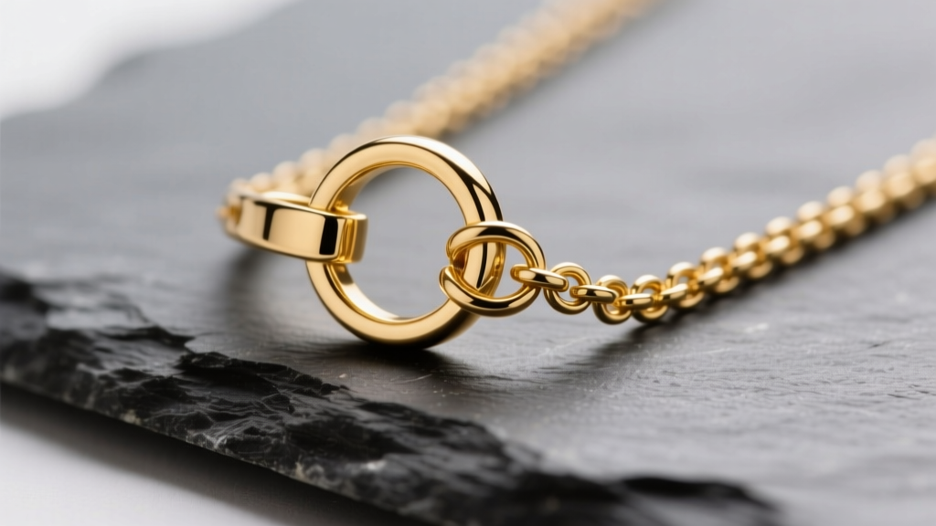 Close-up of a 14k gold 7mm spring ring necklace clasp on slate, showing the metal lever and jump ring under soft studio lighting