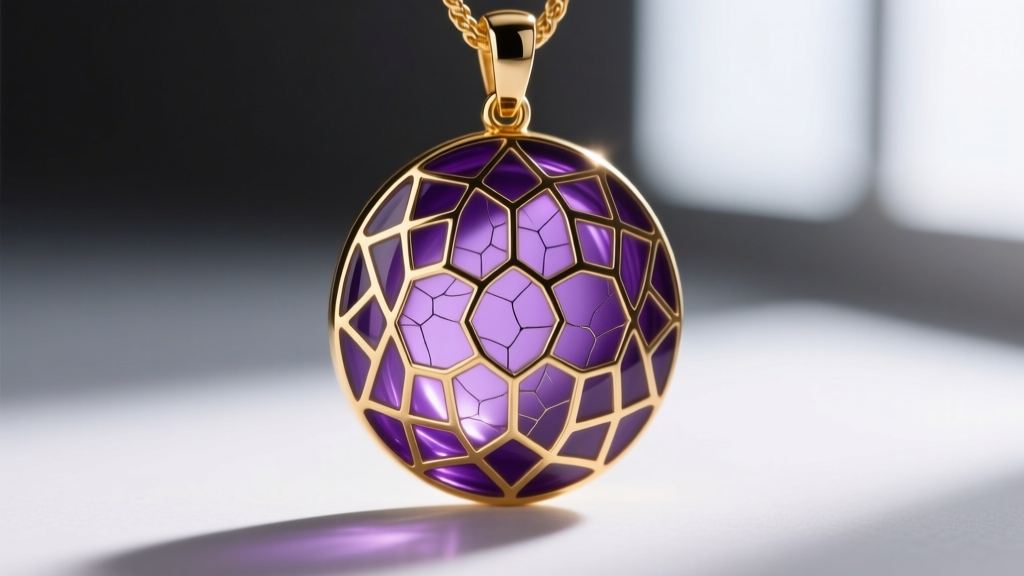 Close-up of vitreous purple enamel fired into an 18k gold guilloche pendant, highlighting the glass-like translucent finish