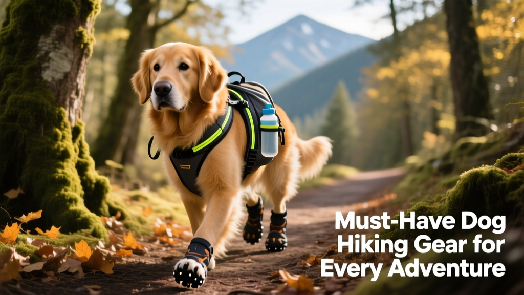 A dog wearing functional, well-fitted hiking gear on a forest trail