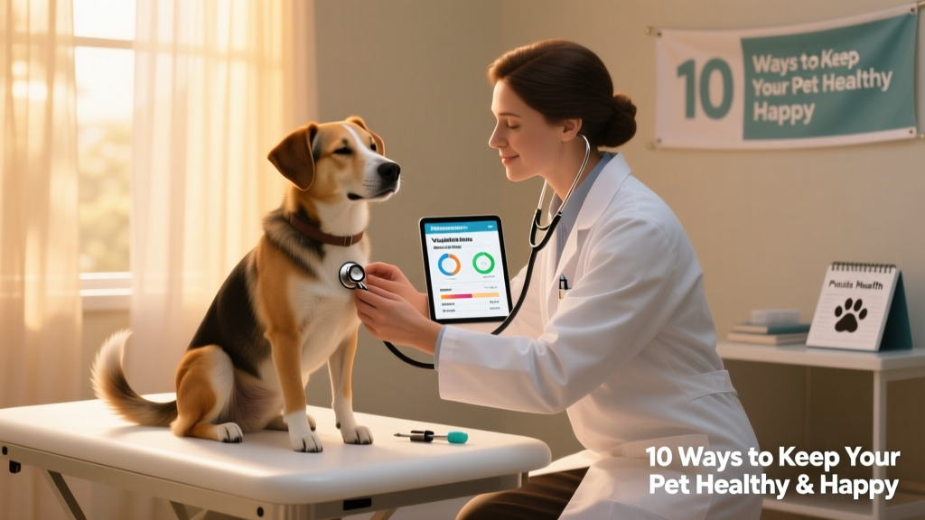 A veterinarian gently examining a calm, seated dog during a routine wellness exam, with stethoscope and chart visible