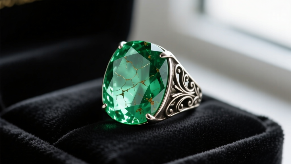 Close-up of a cloudy, scratched peridot gemstone set in a tarnished silver ring, resting on a dark velvet jewelry cleaning cloth.