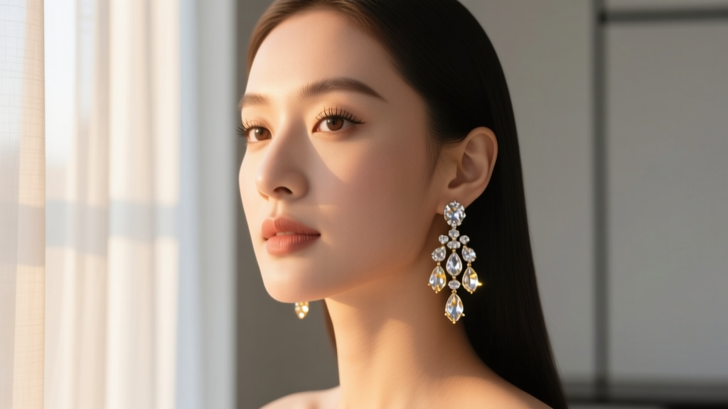 Portrait of a woman with an oval face wearing crystal pavé chandelier earrings, lit by soft natural window lighting indoors