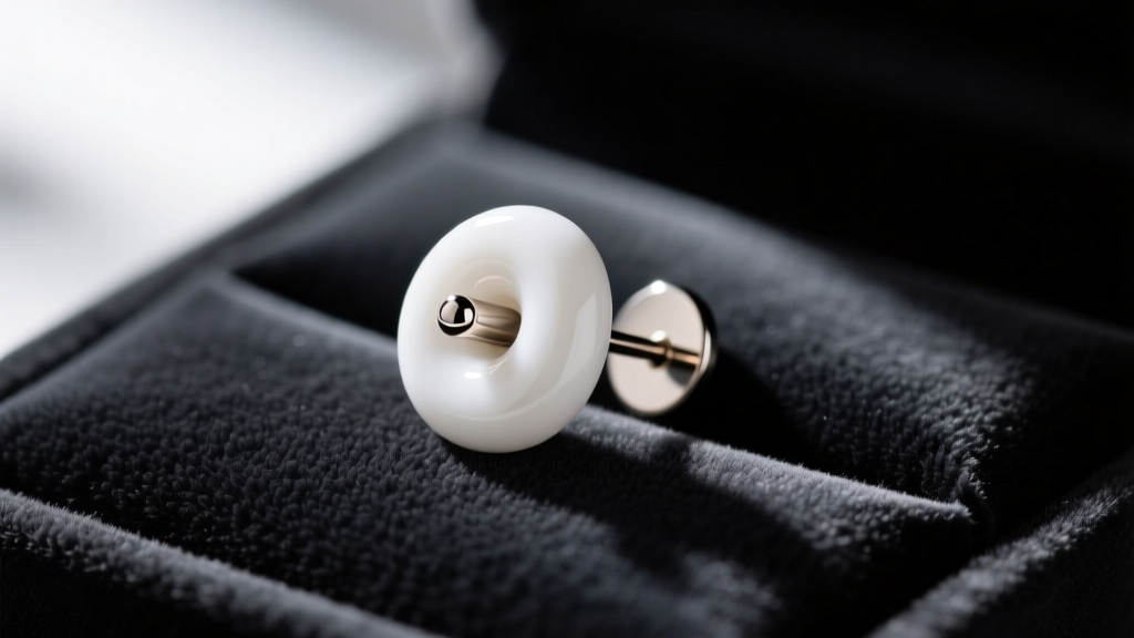 Close-up of a 20-gauge titanium post embedded into a white polymer clay stud earring resting on a dark velvet jewelry display mat