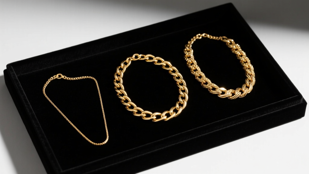 Elegant flat lay of three distinct gold chain necklaces on a dark velvet tray, illuminated by soft directional studio lighting.
