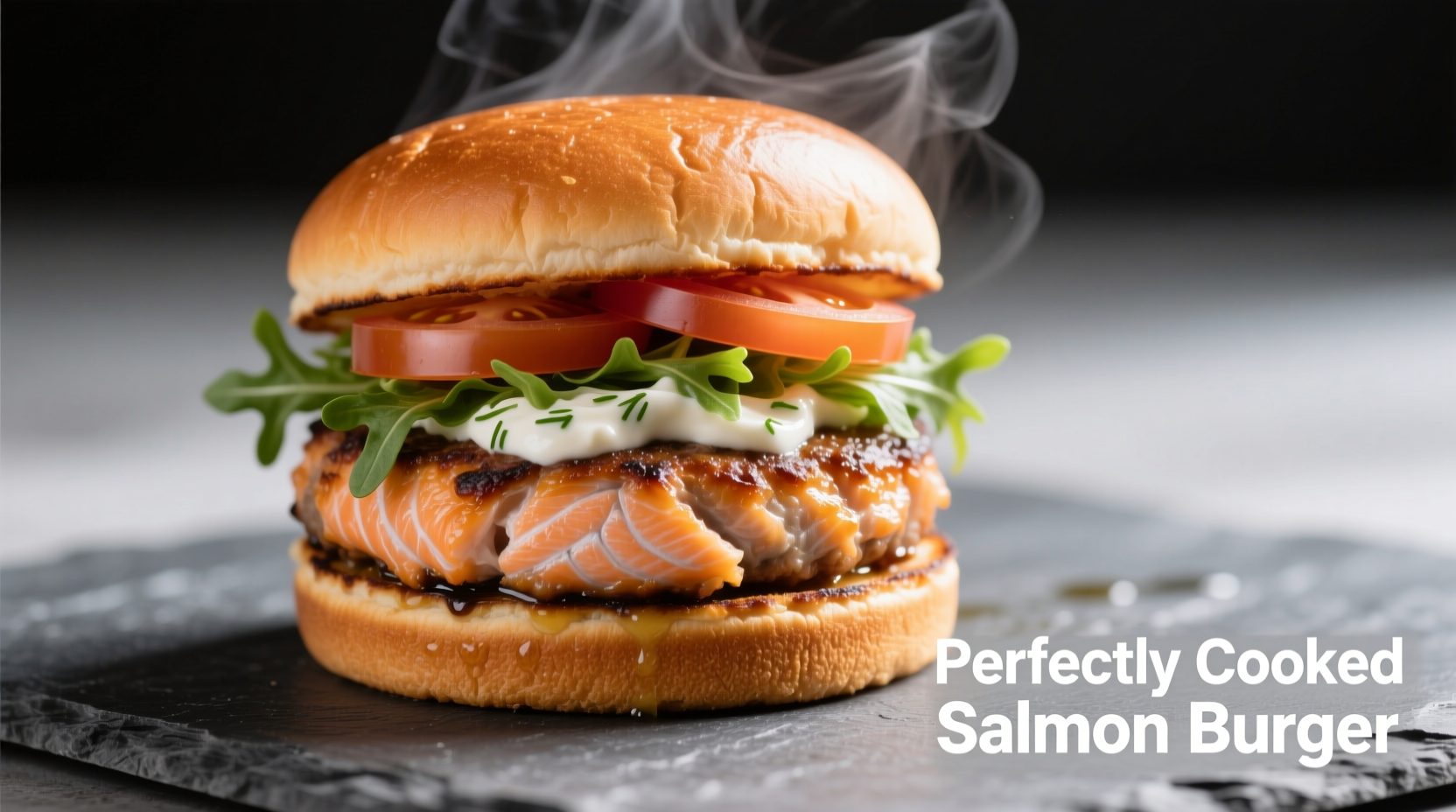 Perfectly cooked salmon burger with golden crust