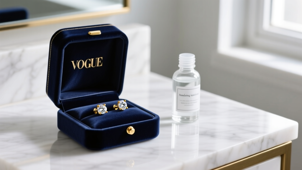 A navy velvet box on a marble vanity showing 18k gold diamond stud earrings beside a small glass bottle of pure rubbing alcohol.