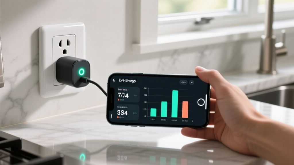 Eve Energy smart plug inserted into a standard US wall outlet displaying real-time power consumption data on an iPhone screen