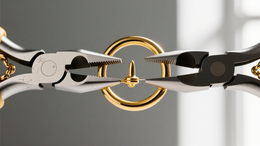 Macro shot of two chain nose pliers twisting an 18k gold 20-gauge nostril hoop in opposite directions to open the ring safely