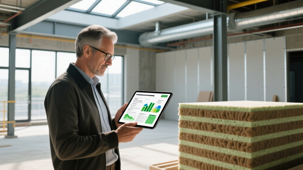 Architect reviewing digital Environmental Product Declarations on a tablet beside stacked eco-friendly insulation on a commercial job site