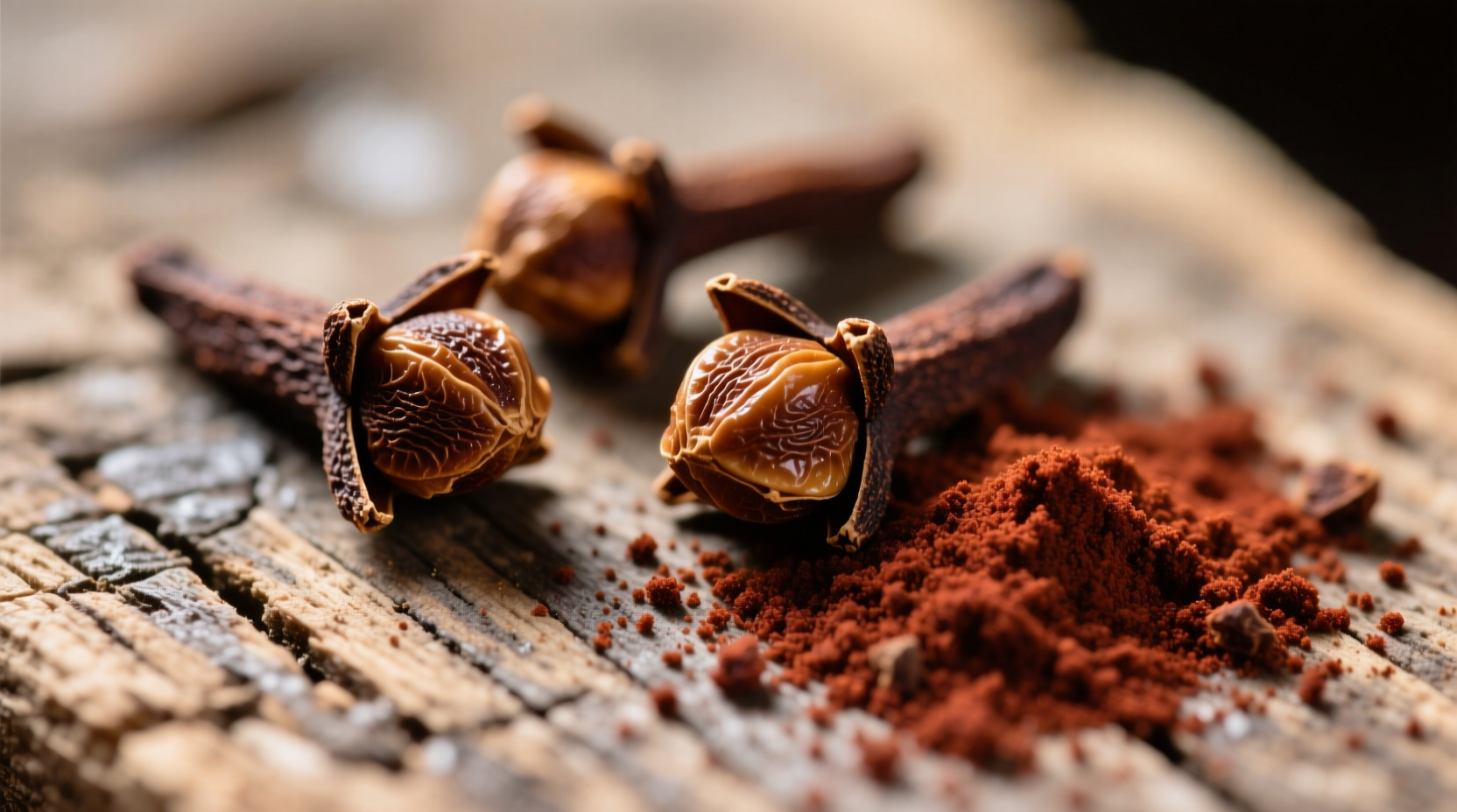 Close-up of whole cloves and ground cloves on wooden surface