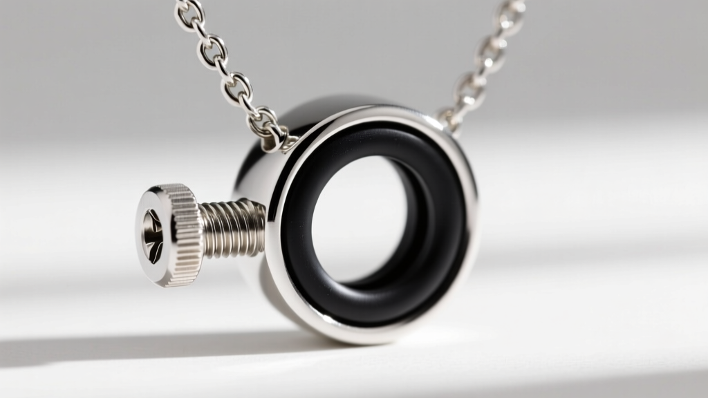 Macro shot of a sterling silver pick holder necklace screw-top cap showing the black Viton O-ring and precision M4 metal threading