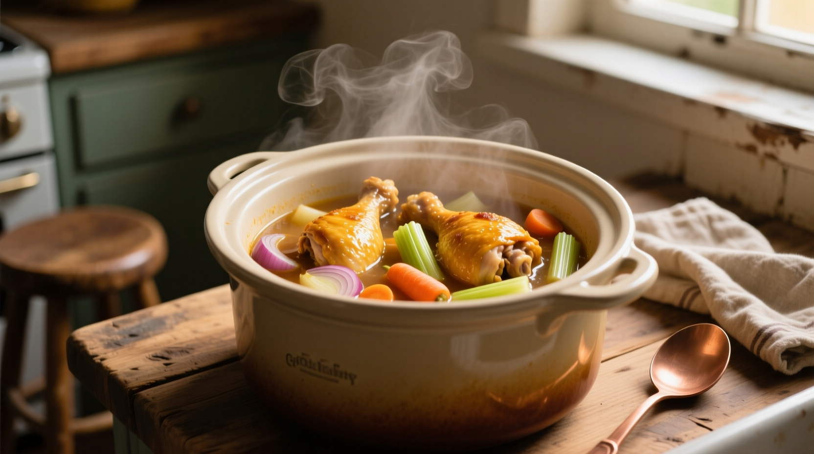 Slow cooker filled with golden chicken thighs