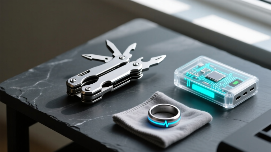 A flat lay of modern 2026 EDC gear including a titanium modular multi-tool, a transparent power bank, and smart ring on a dark slate desk.