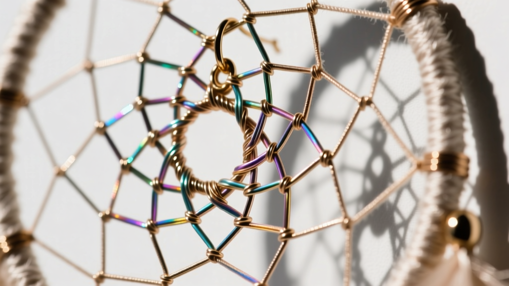 Extreme close-up of dream catcher earring webbing woven with anodized niobium wire and silk thread, showing metallic tension