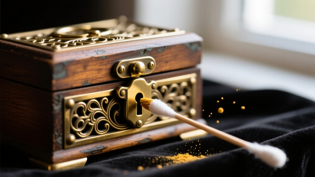 A cotton swab applying specialized brass polish to the ornate metal lock of a vintage wooden trinket jewelry box on a dark cloth.